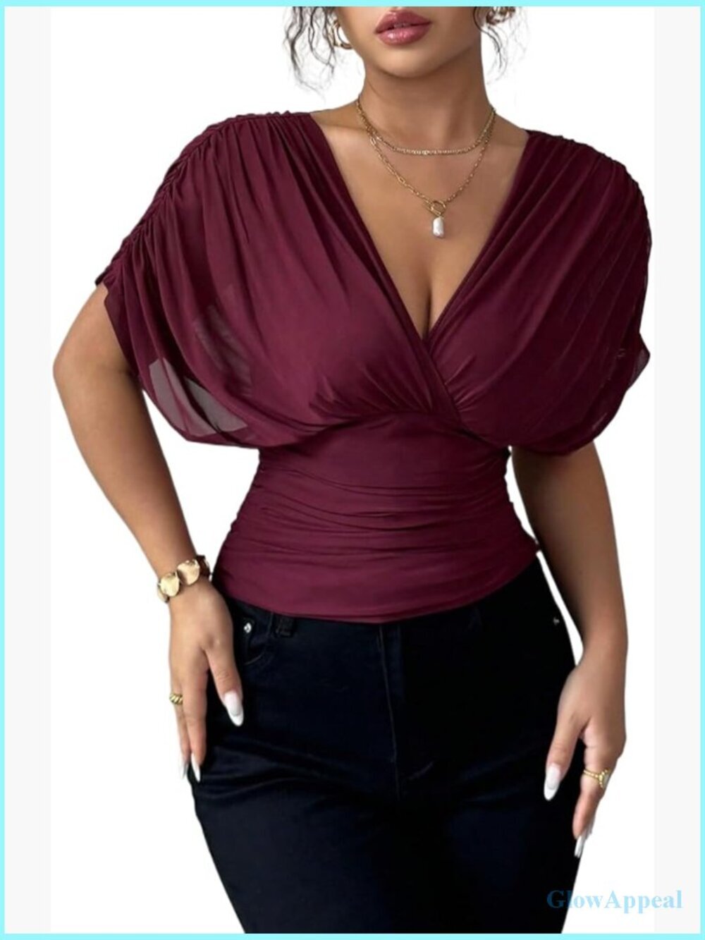 Sexy Mesh Ruched Short Sleeve V-Neck Tie Back Cinched Waist Top